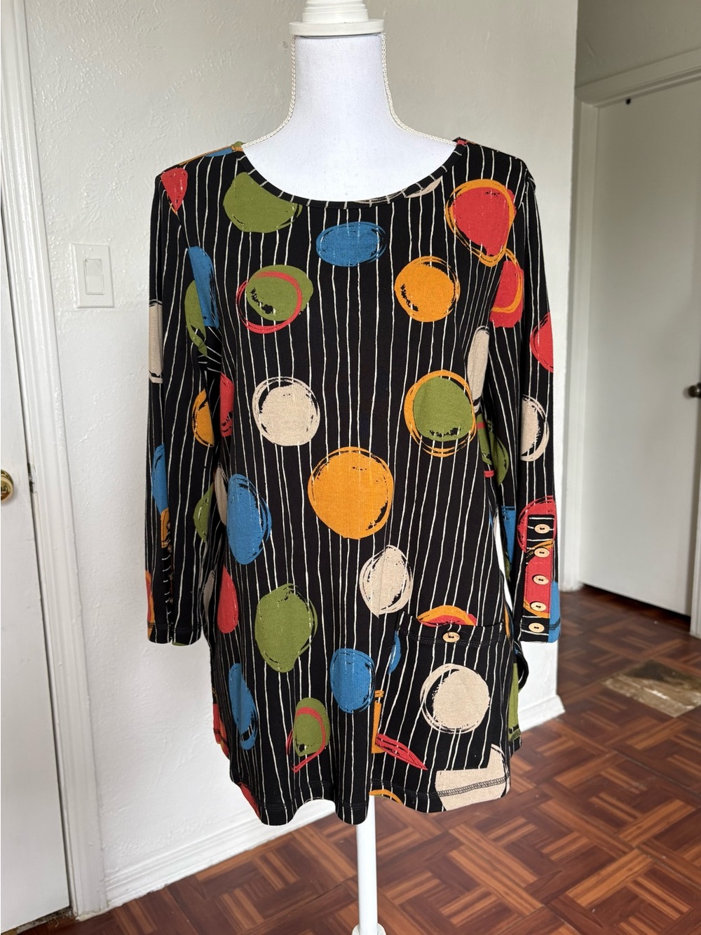 Ali Miles Black Tunic with Multicolor Graphic Dots, buttons detail and pocket